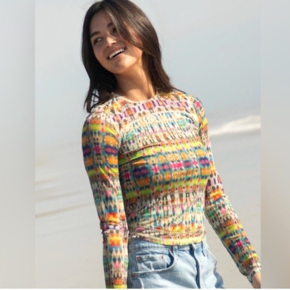 Natural Life Sloane Mesh Top S Multicolor Tie Dye Long Sleeve Boho Festival‎